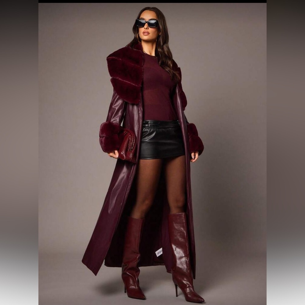 BELT ONLY 🔥 Faux fur collar cuffs vegan leather trench coat burgundy maroon - Picture 5 of 9